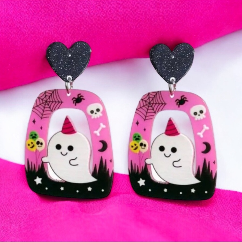 Cool Halloween Black Heart Hollow Out Ghost Pink Acrylic Earrings